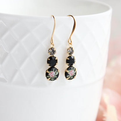 Pink Rose on Earrings | Three Vintage Glass Jewels