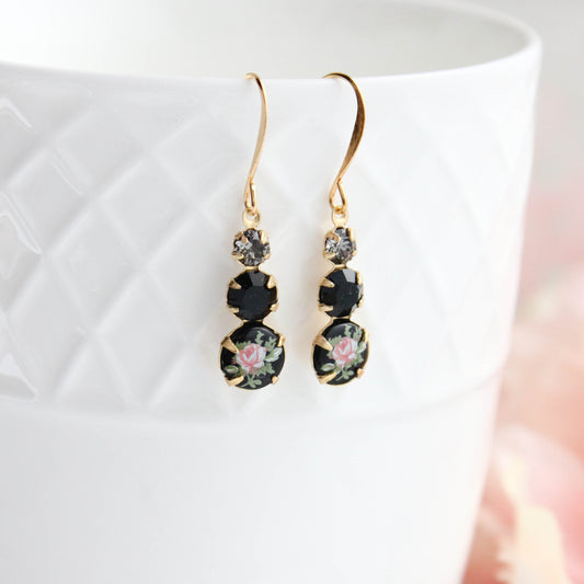Pink Rose on Earrings | Three Vintage Glass Jewels
