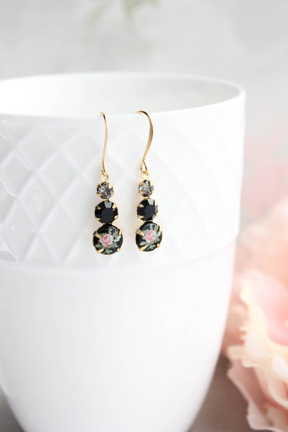 Pink Rose on Earrings | Three Vintage Glass Jewels