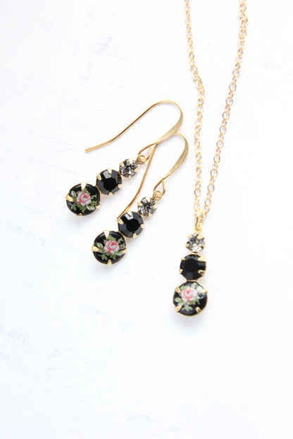 Pink Rose on Earrings | Three Vintage Glass Jewels