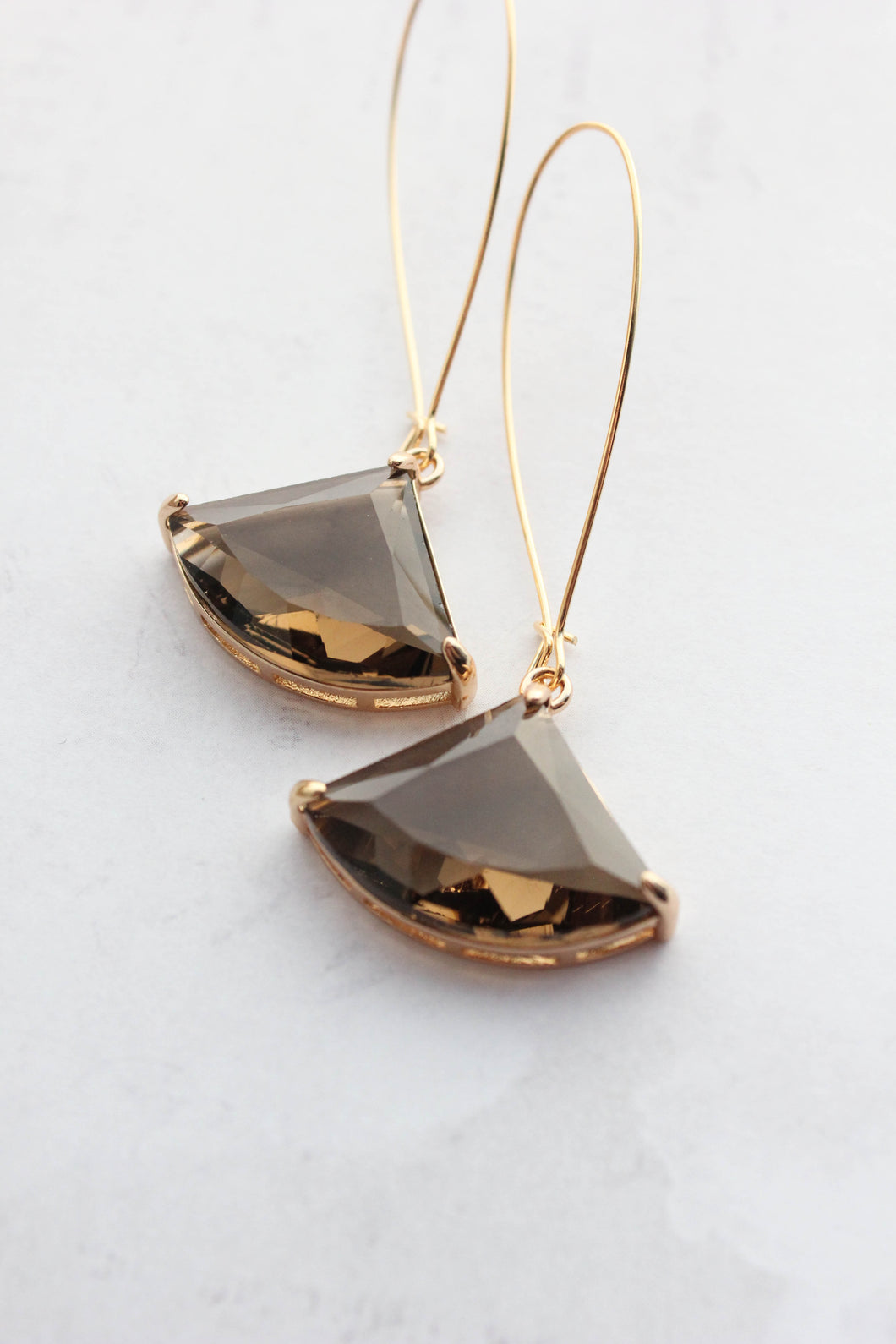 Large Art Deco Fan Glass Earrings | Brown Glass