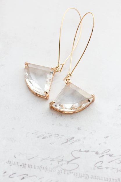 Large Art Deco Fan Glass Earrings | Clear Glass
