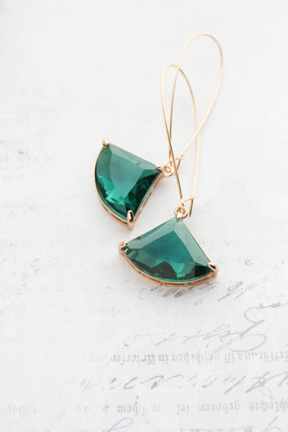 Large Art Deco Fan Glass Earrings | Emerald Green