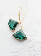 Load image into Gallery viewer, Large Art Deco Fan Glass Earrings | Emerald Green