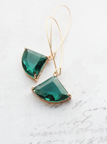 Large Art Deco Fan Glass Earrings | Emerald Green