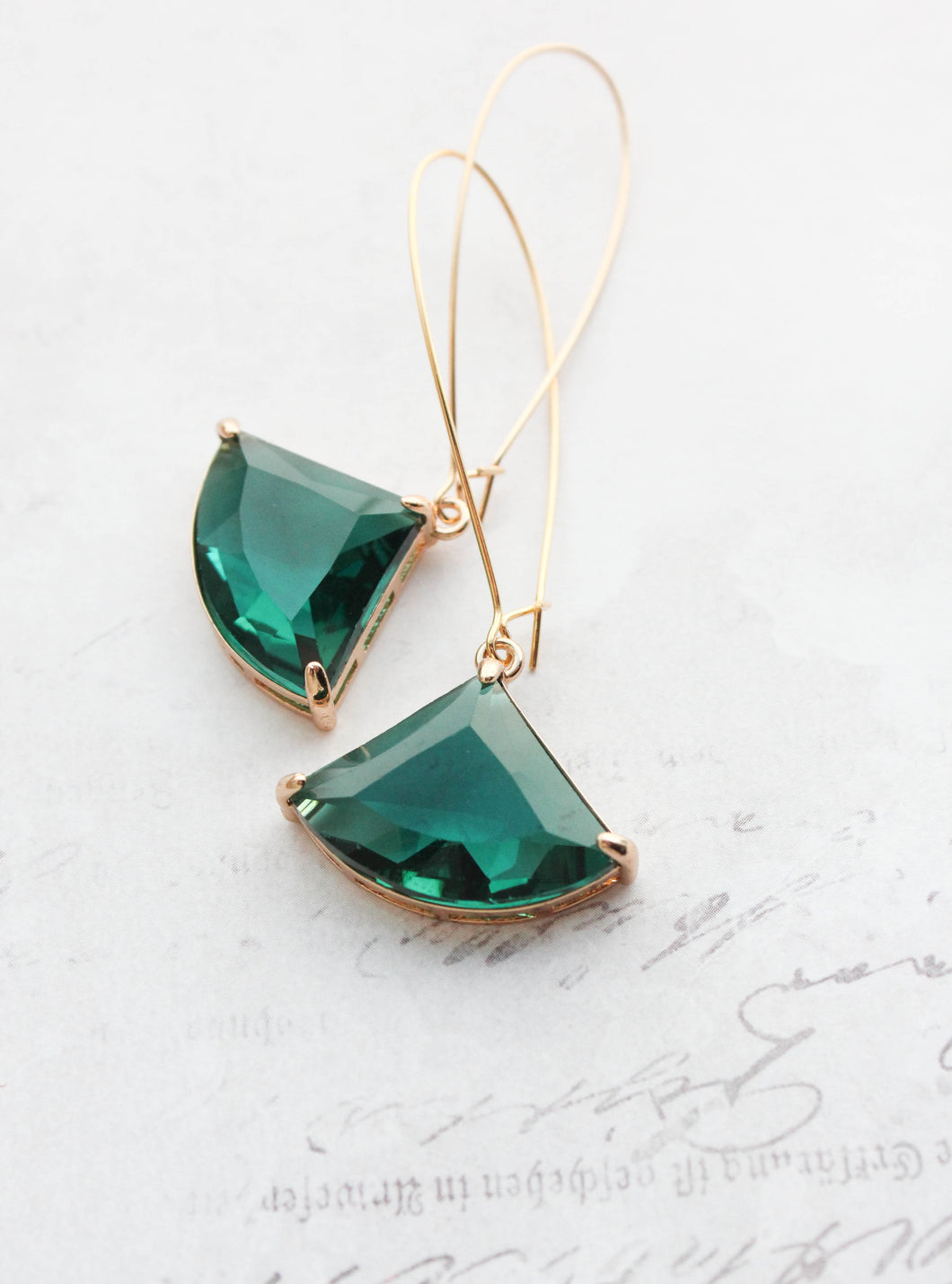 Large Art Deco Fan Glass Earrings | Emerald Green