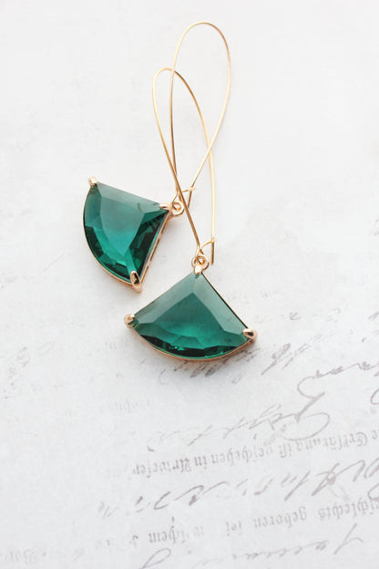 Large Art Deco Fan Glass Earrings | Emerald Green