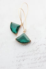 Load image into Gallery viewer, Large Art Deco Fan Glass Earrings | Emerald Green
