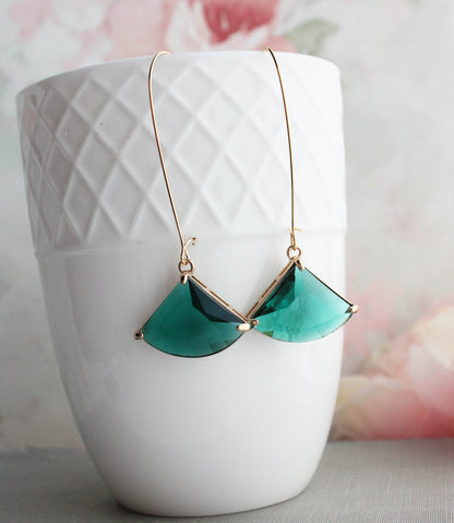 Large Art Deco Fan Glass Earrings | Emerald Green