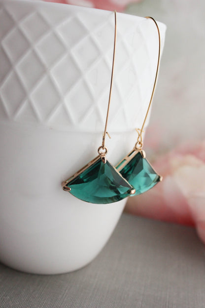Large Art Deco Fan Glass Earrings | Emerald Green