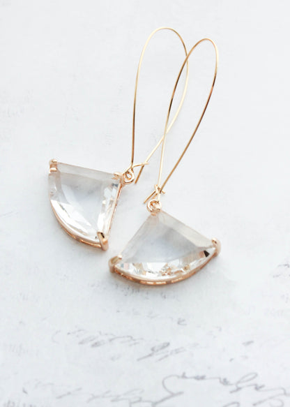 Large Art Deco Fan Glass Earrings | Clear Glass