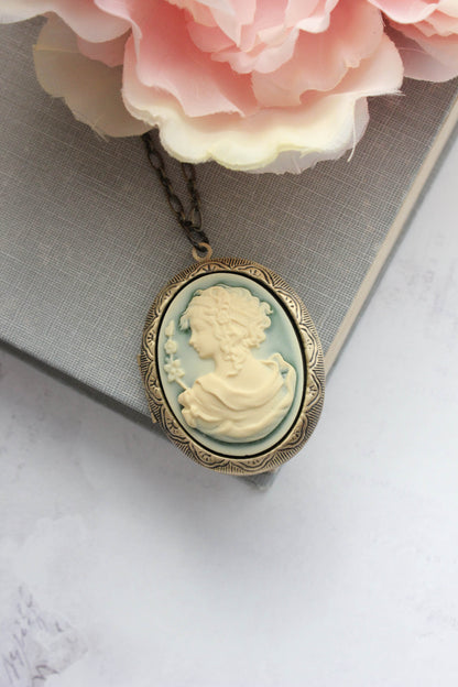 Cameo Locket Necklace | Ivory Cream Lady on Green