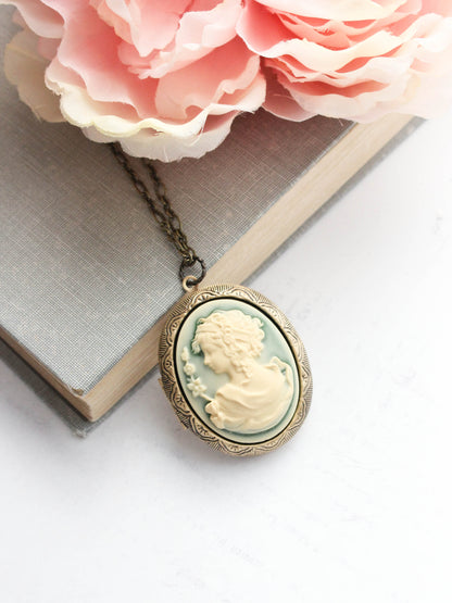 Cameo Locket Necklace | Ivory Cream Lady on Green