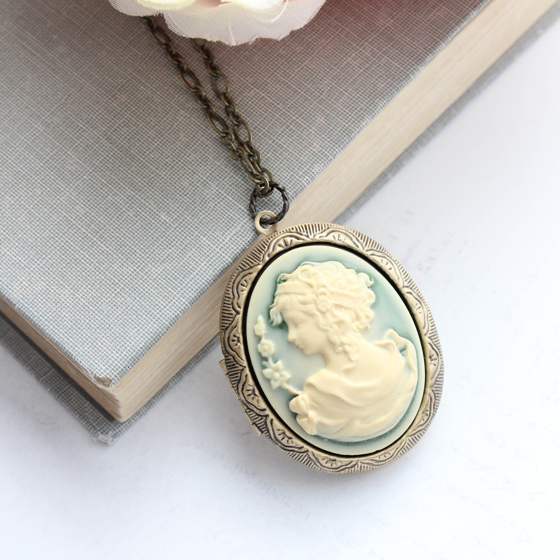 An oval cameo pendant necklace with a pale blue-green background and cream-colored classical bust, hanging from an antique bronze chain. The pendant is styled on top of an old book with pink flowers in the corner.