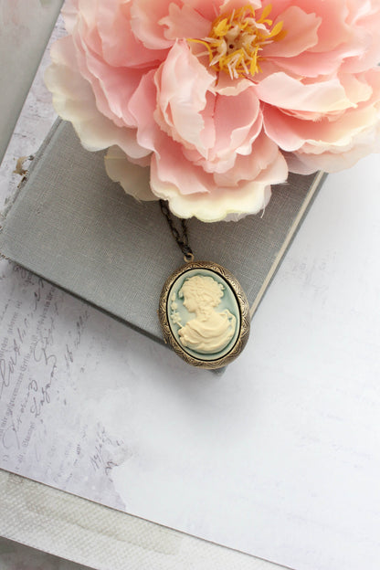 Cameo Locket Necklace | Ivory Cream Lady on Green