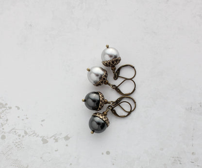 Rose Gold Pearl Acorn Earrings | Antiqued Gold Brass