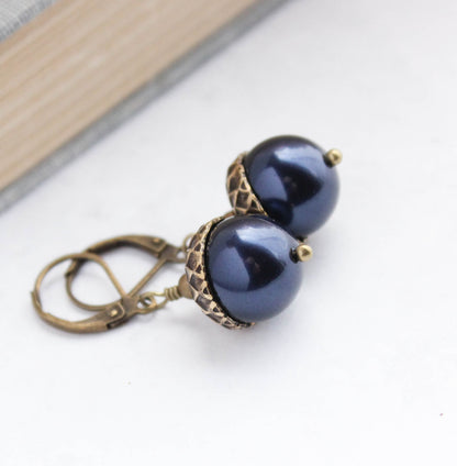 Rose Gold Pearl Acorn Earrings | Antiqued Gold Brass