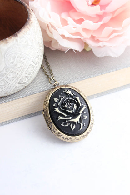 Black and Ivory Cream Rose Cameo Locket Necklace