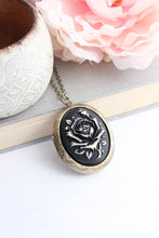 Load image into Gallery viewer, Black and Ivory Cream Rose Cameo Locket Necklace
