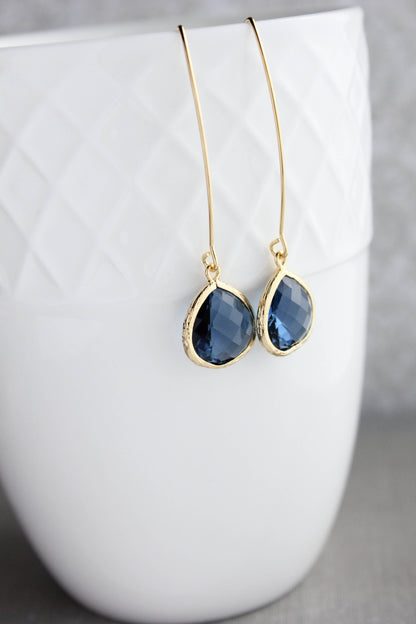 Long Rose Gold Earrings - Navy Blue