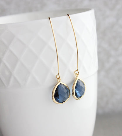 Long Rose Gold Earrings - Navy Blue