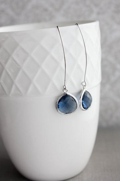 Long Rose Gold Earrings - Navy Blue
