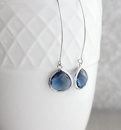 Long Rose Gold Earrings - Navy Blue