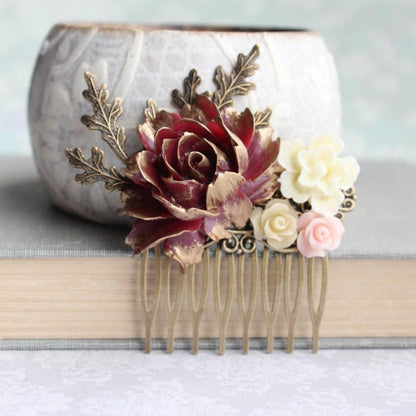 Deep Red And Gold Floral Hair Comb