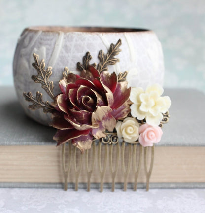 Deep Red And Gold Floral Hair Comb