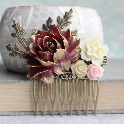 Deep Red And Gold Floral Hair Comb