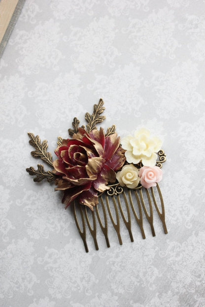 Deep Red And Gold Floral Hair Comb