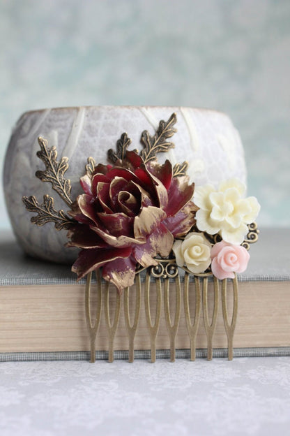 Deep Red And Gold Floral Hair Comb