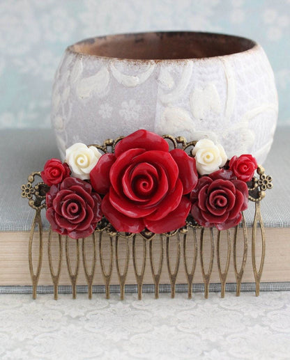 Dark Red Rose Hair Comb