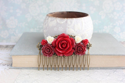 Dark Red Rose Hair Comb