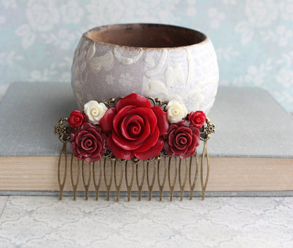 Dark Red Rose Hair Comb