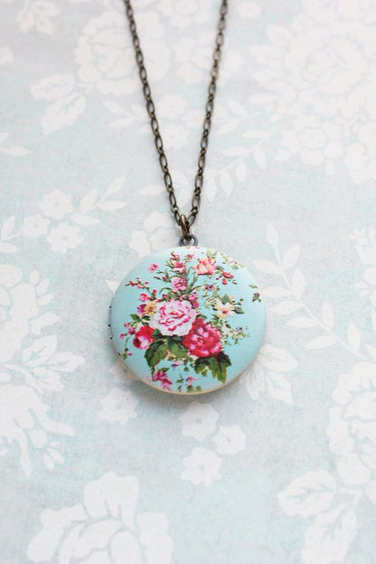 Floral Locket Necklace | Aqua and Pink