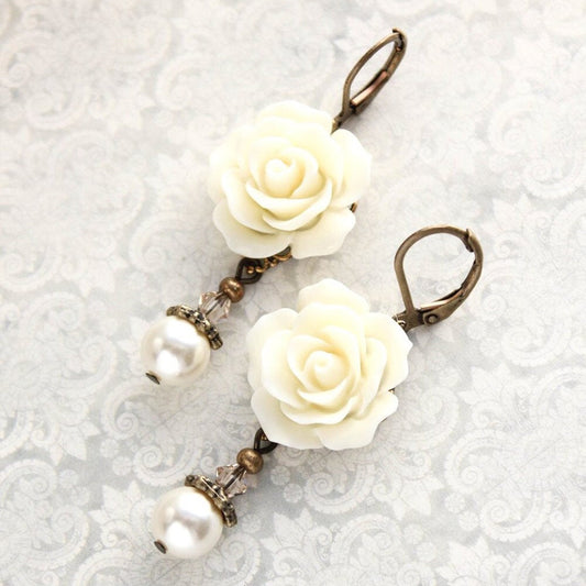 Ivory Cream Rose Earrings | Pearl Drop