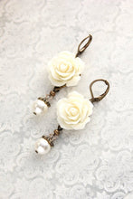 Load image into Gallery viewer, Ivory Cream Rose Earrings | Pearl Drop