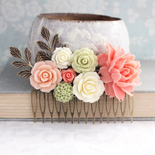 Big Floral Hair in peach, coral orange and soft greens