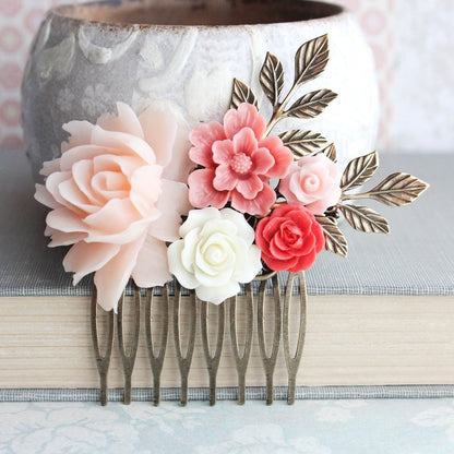 Bridal Hair Comb| Blush Pink and Coral Red