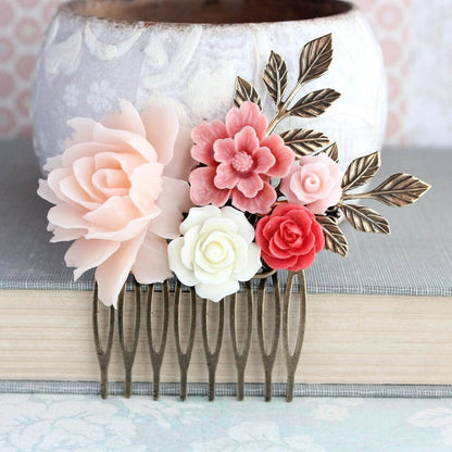 Bridal Hair Comb| Blush Pink and Coral Red