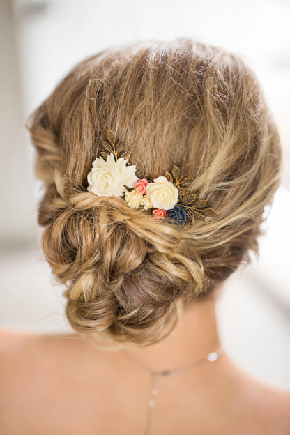 Deep Red and Peach Blush Bridal Hair Comb