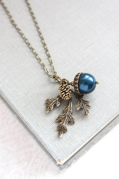 Navy Pearl Acorn Necklace | Rustic Nature Charm Pendant