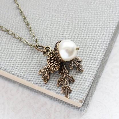 Ivory Cream Pearl Acorn, Branch and Pine Cone Charm Necklace