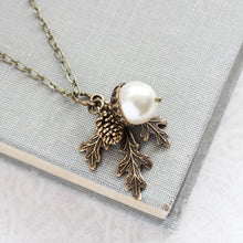Load image into Gallery viewer, White Pearl Pendant Necklace Pearl Acorn Charm Nature Inspired Pinecone Branch Leaf Rustic Wedding Winter Wonderland Bridesmaids Gift