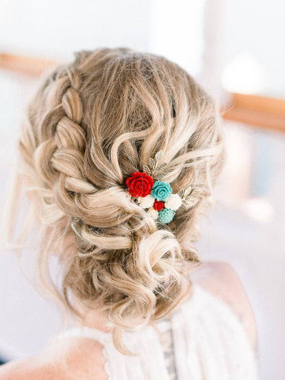 Floral Bridal Comb | Teal and Red Rose