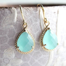 Load image into Gallery viewer, Mint Glass Earrings Gold Drop Bridesmaids Earrings Modern Jewelry Lightweight Everyday Earrings Aqua Mint Wedding Gift for Women