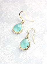 Load image into Gallery viewer, Mint Glass Earrings Gold Drop Bridesmaids Earrings Modern Jewelry Lightweight Everyday Earrings Aqua Mint Wedding Gift for Women