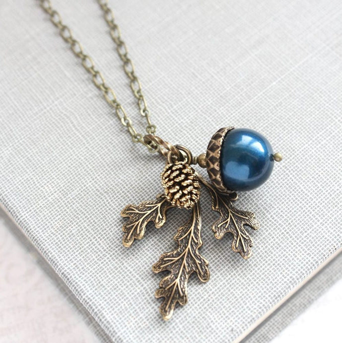 Navy Pearl Acorn Necklace | Rustic Nature Charm Pendant