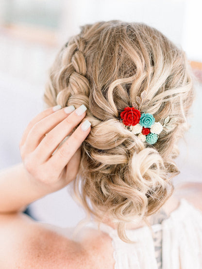 Floral Bridal Comb | Teal and Red Rose